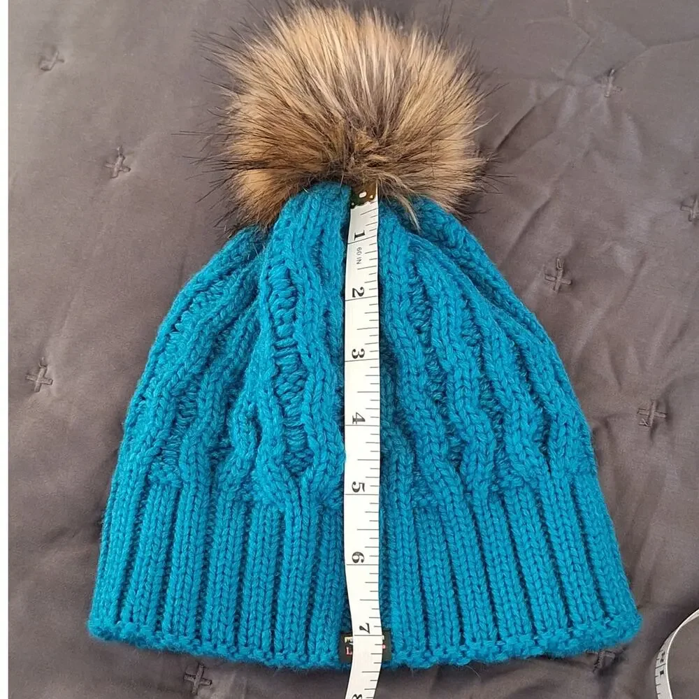 L.L. Bean Kid Beanie OS Teal Cable Knit Fleece Lined Pom Outdoor Winter Gorpcore